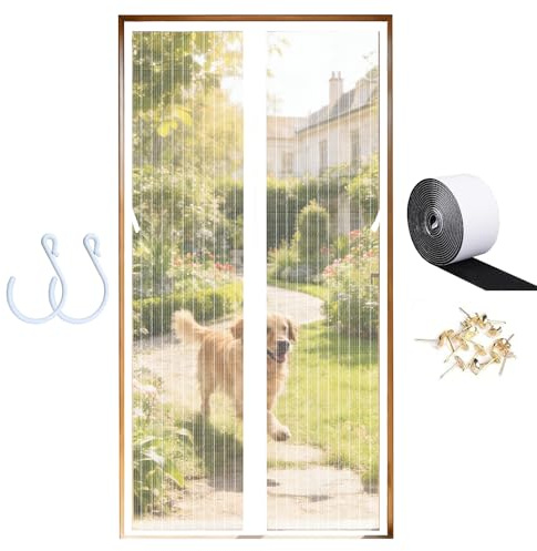 Magnetic Fly Screen Door, Heavy Duty, Keeps Bugs Out Lets Breeze in, Fast Self Sealing, Fly Screens for Doors with 2-Sided Hooks-White-B||115x205cm(45x80inch)