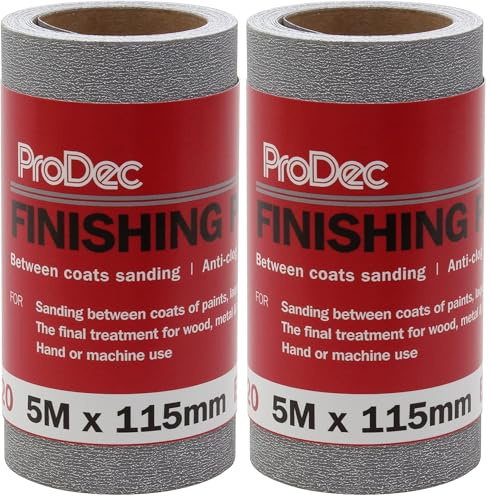 ProDec 5m Roll 320 Grit Extra Fine Grade Finishing Paper for Sanding Between Coats and Automotive Sanding - 115mm Wide Abrasive Paper Roll Compatible with Machine Sanders & Hand Sanders (Pack of 2)