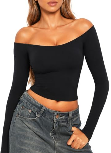 Navneet Women Off Shoulder Tops Sexy Long Sleeve Bardot Top | Y2K Going Out Tops, Night Out Clubbing Tops, Music Concert Rave Festival Outfits, Casual Holidays Outfits