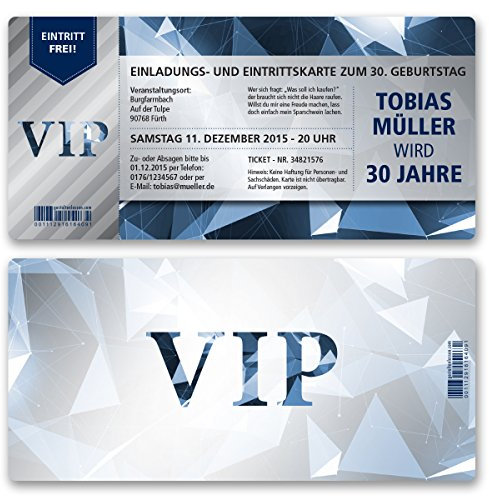 (30 x) Einladungskarten Geburtstag VIP Party Edel Blau Ticket Karte Einladungen