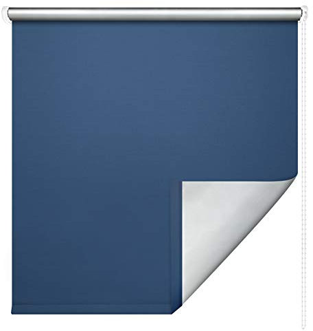 Thermorollo Hitzeschutzrollo Verdunkelungsrollo Kettenzugrollo Seitenzugrollo Fenster Rollo Breite 62-202 cm Stoff lichtundurchlässig verdunkelnd Thermobeschichtung Silber (202 x 180 cm / Marineblau)