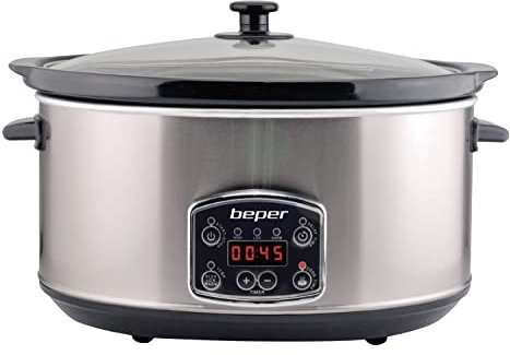 BEPER BC.510 Slow cooker,Pentola digitale per la cottura lenta,4,5 Litri,Acciaio, 3 impostazioni di cottura,Timer programmabile,Pentola interna estraibile,Lavabile in lavastoviglie