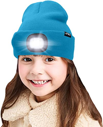 ATNKE Kids LED beleuchtete Mütze mit Licht, USB Wiederaufladbare 4 LED Scheinwerfer wasserdichte Winterwärmer Strick Nachthüte mit leichten Jungen Mädchen