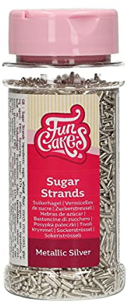 FunCakes Sugar Strands Zuckerstreusel, Metallic Silver, 80 g | Guter Geschmack, Perfekt zum Dekorieren von Eis, Kuchen, Cupcakes, Cake Pops, Donuts und Kekse, Sprinkle Streusel Mix