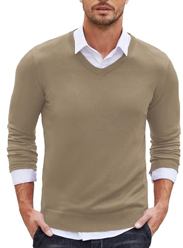 COOFANDY Strickpullover V Ausschnitt Herren Pullover Sweater Langarm Winter Männer Pulli Slim Fit Khaki XL