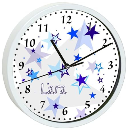 CreaDesign, Wanduhr Kinder personalisiert mit Name, Motiv Sterne blau, Rahmen Wanduhr weiß, Ø 19,5 cm