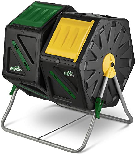 DF OMER, Barilotto Compost a Doppia Camera, Compostiera Piccola, Girevole con 2 Porte Scorrevoli e Telaio Acciaio per Tutte le Stagioni, No BPA, Anti UV 2x70 L
