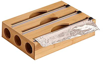 PengGengA Folienspender für Schubladen Bambus Folienabroller mit Cutter für Heimküche, Restaurant (DREI Schichten | Rundes Loch, 33 * 23.5 * 7.6cm)
