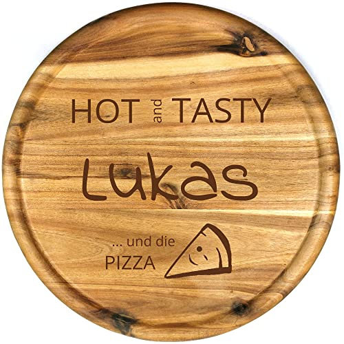 Sterngraf Pizzateller mit Gravur (Namen) personalisiertes Holz Pizzabrett 32cm Akazienholz - Geschenkidee zum Geburtstag, Geschenke Jahrestag Jubiläum, MotivP7 HOT and TASTY