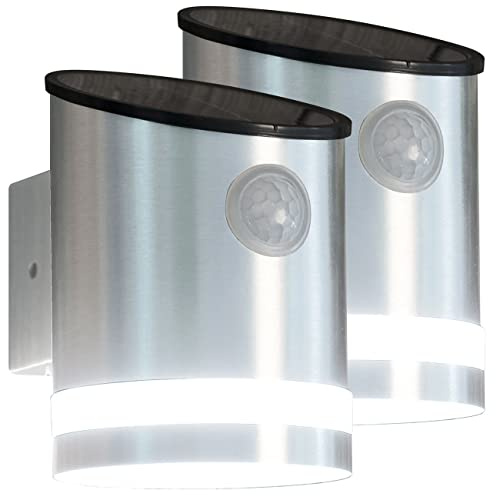 Lunartec LED-Solar-Außenleuchte: 2er-Set Solar-LED-Wandleuchten mit Bewegungssensor, Edelstahl, 50 lm (Sensor-Wandleuchte, Außenwandleuchten, Lampe)