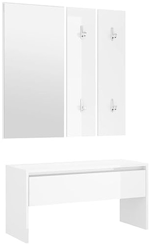 vidaXL High Gloss White Hallway Furniture Set, Engineered Wood Bench with Drawer, Mirror, and Coat Rack Panels for Modern Home Décor