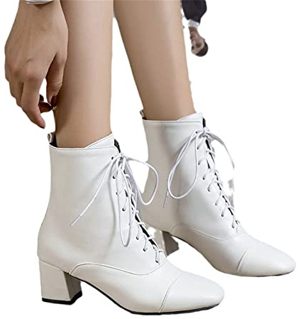 Stivali Corti Stringati Da Donna Stivaletti A Punta Retrò, Booties Stile British Con Tacco Largo, Boots Da Motociclista In Pelle Pu, Calde Scarpe Alla Caviglia Autunno Inverno for Festa ( Color : Whit