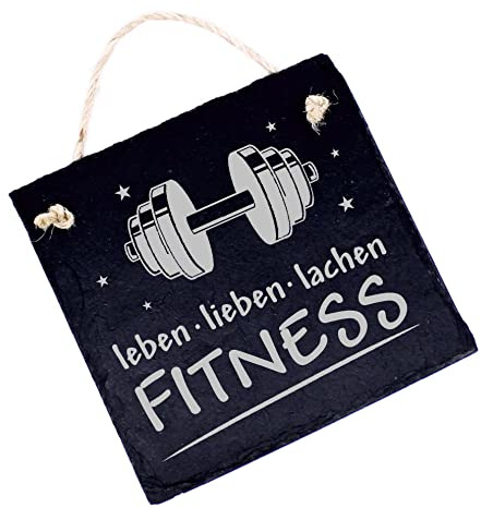 Fitness Schild Schiefer Türschild Gravur - Leben Lieben Lachen - Hantel Dekoschild Kraftsport 11 x 11 cm