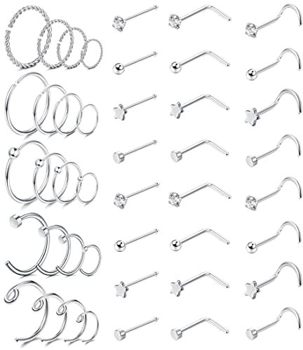Milacolato 20G Piercing Nez Anneau Argent L Forme Nez Stud en Acier Inoxydable 316L Piercing Nez Trague Helix Oreilles Bijoux 44Pcs