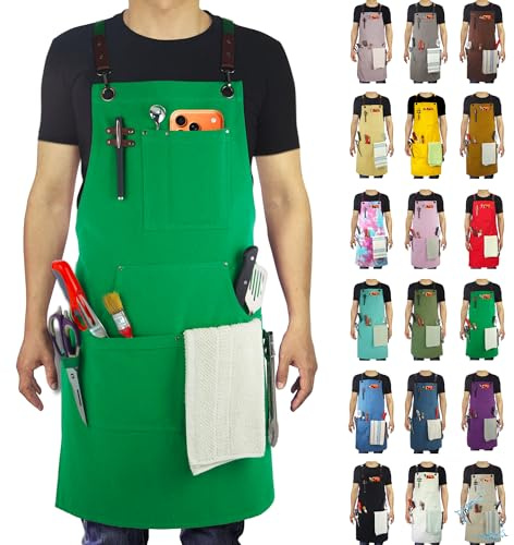 Stenffy Küchenschürze, Arbeitsschürze, Segeltuchschürze, Grün | Mehrere Taschen, Gartenarbeit, Malerei, Grillen, Tischler, Größen M bis XXL