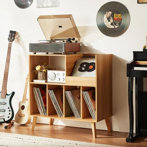 LELELINKY Large Record Player Stand, Turntable Stand with Storage, Vinyl Record Holder with Display Area, Record Player Table Holds Up to 300 Albums, Record Stand for Music Room Living Room-Natural