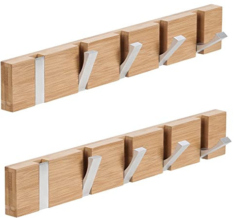 QILICZ Garderobenhaken 2er set Kleiderbügel - Wand Garderobenleiste Faltbarer Garderobe Kleiderhaken Bambus mit 5 Klapphaken für Mäntel, Hüte, Schals,Schlüssel,Handtuchhalter Faltregal