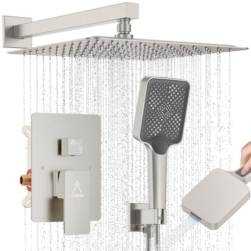 JQBQS Shower System Modern Rain Brass Faucet Set With Valve and Diverter Shower Mixer With Handheld High Pressure Square Rainfall Shower Valve (12'' Wall Mount, Brushed Nickel)