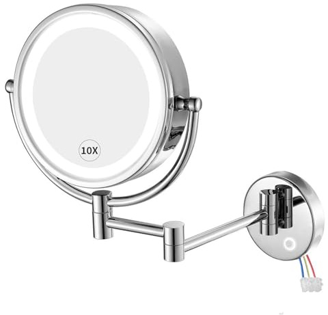 GURUN Wall Mounted Hardwired Makeup Mirror with 3 Tones Dimmable LED Lights 10x Magnifying Mirror with Touch Control for Bathroom Bedroom 13 Extendable Arm Direct Wire M1809D-T(10x,Chrome)