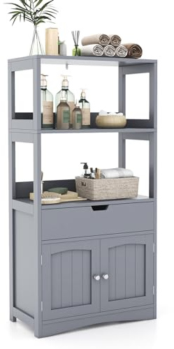 KOMFOTTEU Meuble de Rangement avec Étagère à 3 Niveaux, Armoire Haute en Bois, Dispositif Anti-Bascule, Tiroir & Placard à 2 Portes, Armoire Moderne, 60 x 32,5 x 122 CM (Gris)