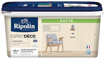 RIPOLIN - Peinture Intérieure Multi-Supports – Murs, Boiseries & Radiateurs – Ultra-Couvrante – Lessivable – Application Facile – Ecolabel - Satin - 2,5L - Beige Agate