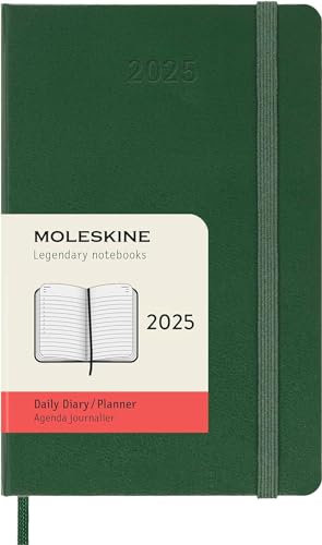 Moleskine Daily Planner, Agenda Giornaliera 12 Mesi 2025, Copertina Rigida e Chiusura Elastica, Colore Verde Mirto, Formato Pocket 9x14 cm