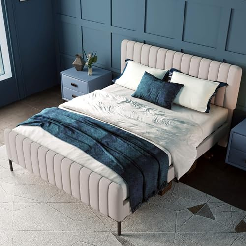 Polsterbett Doppelbett 140 x 200 cm, Bett mit Lattenrost und Bettgestell, Stauraumbett Jugendbett mit Verstellbares Kopfteil und Rückenlehne, für Schlafzimmer Gästezimmer-Leinenmaterial, Ohne Matratze