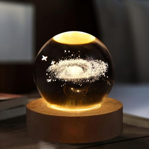 Starnearby 3D Kristallkugel Nachtlicht, 60mm Glaskugel Lampe mit Holzsockel, Sonnensystem Kristallkugel Planeten Lampe, Astronomie Geschenk für Mutter, Kinder, Freundin (Galaxy Lampe)