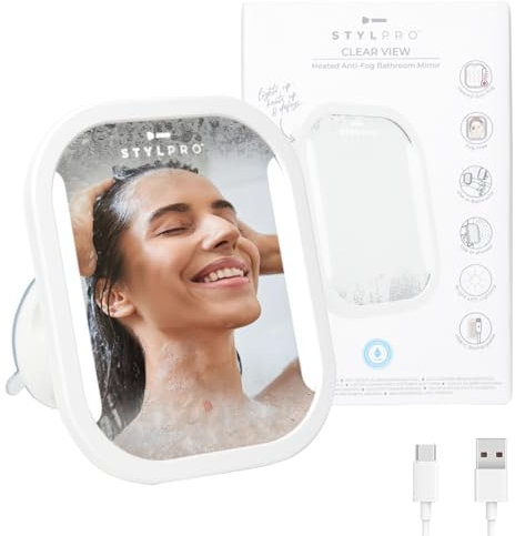 STYLPRO Anti-Fog Bathroom Mirror: Heated, LED Lighting, Secure Suction, Squeegee Included. Makes Shaving, Cleansing, and Washing in Shower Easy. Water-Resistant, Rechargeable, Sleek Design.