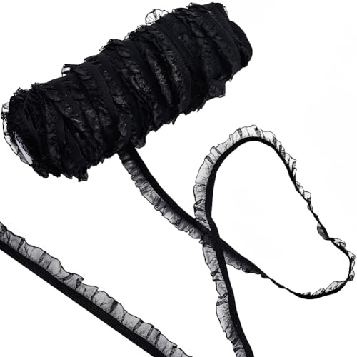 GORGECRAFT 50 Yards Elastischer Rüschen-Spitzenbesatz 1.5cm Chiffon Plissiertes Stretchband Rüschen-Spitzenstoff Geraffte Einfassung Besatz Für Stirnband Unterwäsche Nähen Heimdekoration Schwarz