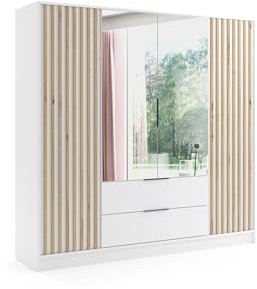 ALTDECOR Kleiderschrank mit Spiegel und selbstschließenden Flügeltüren mit Lamel - NERA - 200 cm Weiß/Weiß/Artisan