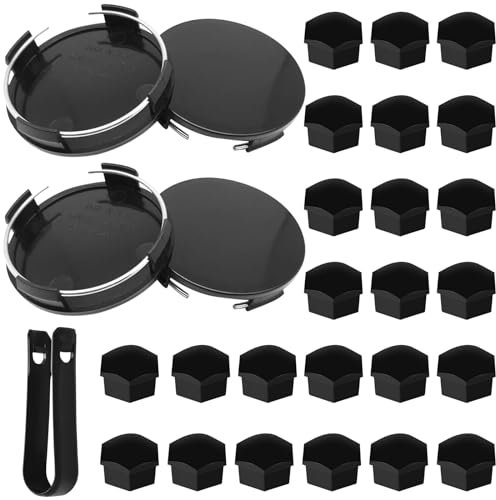 LongZYU 24 Pezzi Copribulloni Cerchi Auto 17 mm e 4 Pezzi Tappi Coprimozzo 60mm per VW Au Copridadi Ruota Esagonali Copri Dadi Ruota Antipolvere Tappi di Cerchioni set con Strumenti di Rimozione Nero
