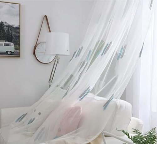 Beydodo Gardinenschals mit Schlaufen Halbtransparent, Weiß Vorhänge 2er Set Landhausstil mit Weizenähren Motiv 86x214CM Gardinen Polyester Lichtdurchlässig Schiebevorhänge Wohnzimmer