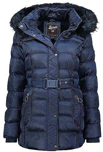 Geographical Norway Aimeraude Lady parkas lång tjock varm dam höst vinter - tunn kappa med huva fuskpäls - vindjacka - elegant damjacka (marinblå S), Marin, S
