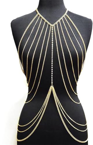 Vnook Damen Sexy BH Kette Körperkette Brustkette Glänzende Diamanten BH-Kette Kristall Bikini Dessous Dekorieren Sie Nachtclub Bar Club(Gold)