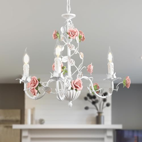 meibeileil Blanco Lampara Colgante Vintage,Metal Lamparas Colgantes De Techo Con Rosas De CeráMica,Lampara ArañA De Vela E14 Para Comedor Dormitorio salon Sala De Estar Cocina,3 Luces