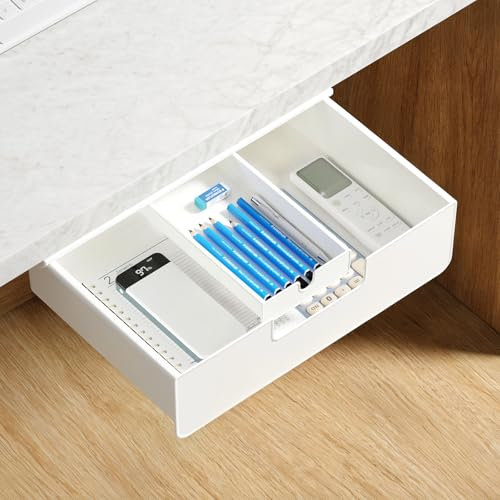 FRETONBA Cassetto Sotto Scrivania Grande, Cassetti Scrivania Estraibile con 2 Metodi di Installazione (Viti/Autoadesivo), Cassetti Nascosto Bianco, Cassetto Organizer per Casa, Ufficio, Scuole