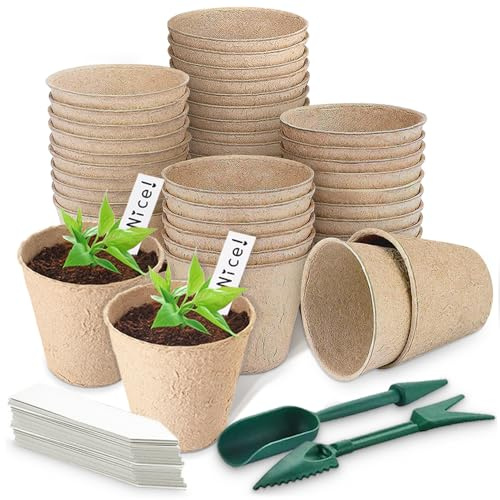 Aileem 40 Stück Anzuchttöpfe, Ø 8cm Biologisch Abbaubare Pflanztöpfe mit 40pcs Kunststoffetiketten und Umpflanzen Digging Tools, Pflanze Blume Seed Tray Pots Kits, Garten