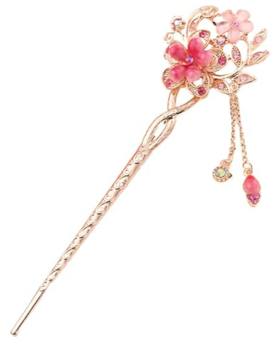 Varilla de pelo china de metal vintage para el pelo, palillos japoneses, flores, palillos de ópalo, pasador para el pelo, accesorio para el cabello (rojo)
