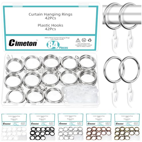 Cimeton 84PCS Silver Metal Curtain Rings with Hooks Metal Drapery Curtain Rings Hangers Drapes Ring Drapery Pin Hooks for Window Shower Curtains