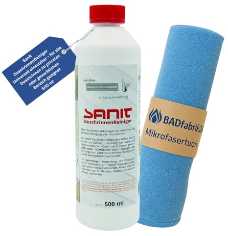 BADfabrik24 Sanit DuschrinnenReiniger 500 ml – Art.-Nr. 3067 – entfernt Haare & Seifenreste – für alle Duschrinnen – schonend & effektiv – inkl. Mikrofasertuch 40×40 cm