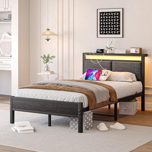 FOUBAM Polsterbett Bettgestell 120x200cm, Bettrahmen mit LED, Schwarz | Metallbett mit Ladestation Kopfteil,Modern Gästebett Jugendbett Bettrahmen,Bett 120x200cm mit Lattenrost für Schlafzimmer