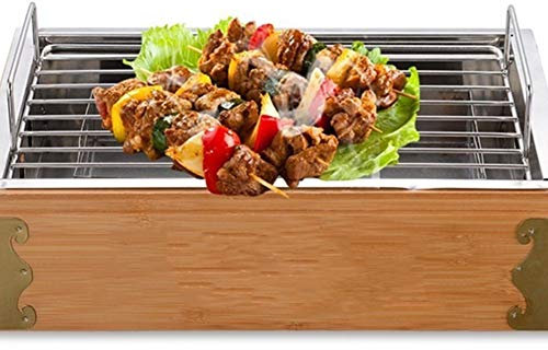 PNAJFUEL Réchaud de Camping D'Extérieur Avec Boîte À Charbon En Acier Inoxydable Et Cadre En Bambou Barbecue Au Charbon de Bois de Style Traditionnel/Bamboo