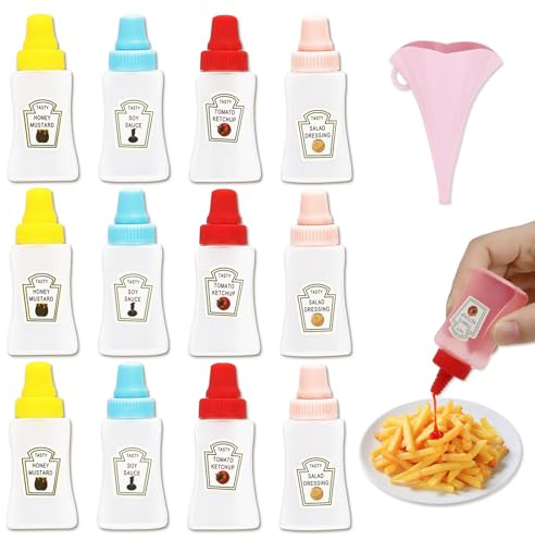 12 Pezzi Bottiglie da Spremere per Condiment, 23ml Mini Bottiglia per Ketchup Biberon Cucina con Imbuto, Portabilità Bottiglia Squeeze di Plastica Squeeze Bottle Condimento Dispenser per Insalata