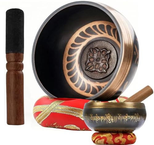 Tibetische Klangschalen Setz 8/13CM, mit Klöppel und Klangschalenkissen, Handgefertigt und leicht zu bespielen，Perfekt für Meditation und Klangtherapie (8CM)