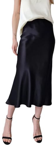 Women's Satin Midi Skirt High Waisted a Line Flared Midi Skirt Wedding Elegant Extenders Slik Skirts Clubwear (Black, M)