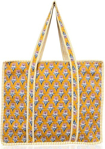 Third Eye Export 100% Cotton Quilted Tote Bag 18x16– Large Zipper Beach Bag & Travel Bag Yellow Purse Reusable Grocery Bags (Gamboge Cherry Block Print)