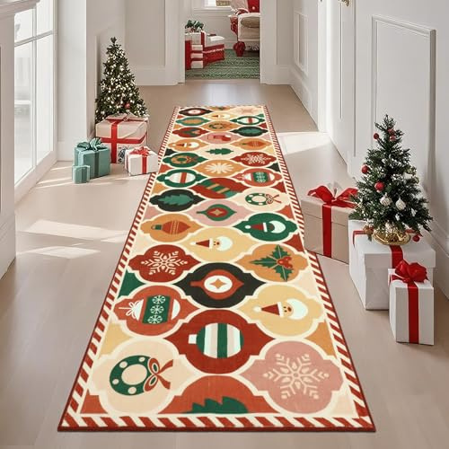 TUKDAK Weihnachtsteppich Läufer rutschfest 60x240cm,Waschbar Teppich Weihnachten,Kurzflor Weihnachtsläufer Teppich,Küchenteppich Weihnachten,Küchenläufer Teppichläufer für Schlafzimmer Wohnzimmer