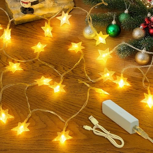 Guirlande étoiles Rechargeable, 5 M 50 LED Guirlande Lumineuse Intérieur avec Batterie, Minuteur et 8 Modes, Guirlande Led Intérieur et Extérieur pour Déco Noel Mariage Anniversaire, Blanc Chaud