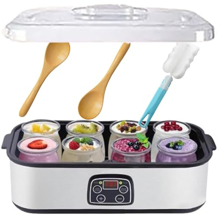 Automatic Yogurt Maker, LCD Display, Yoghurt Maker Machine with 8 Glass Jars48 Ozs (6Oz Each Jar), Multi-Function Temperature Control, Stainless Steel, Design for Home Use